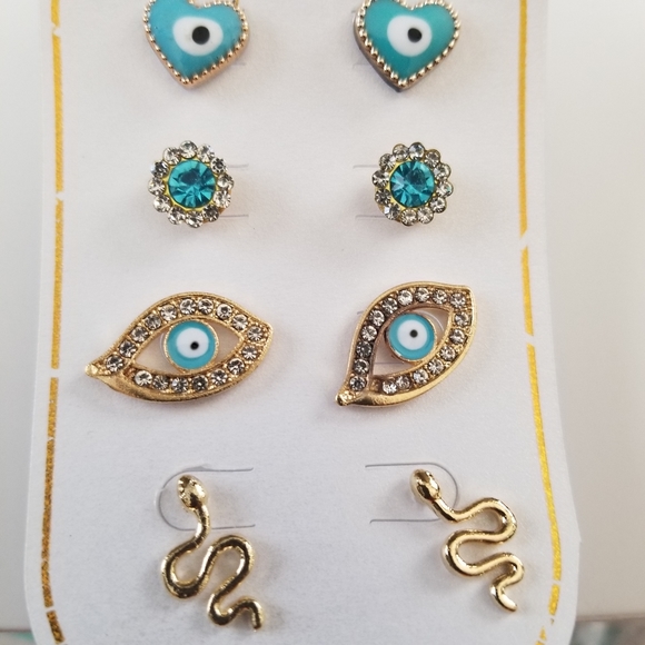 3/30❤️Evil Eye Protection Teal Stud Earrings 3 pcs Set New - Picture 6 of 9